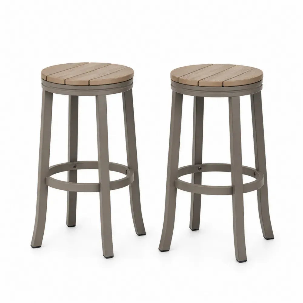 Barhocker 2er Set rund mit Fußring 40 x 40 x 75 cm Akazienholz pulverbeschichteter Stahl taupe natur schwarz