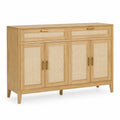 Sideboard mit 4 Türen und 2 Schubladen 140 x 40 x 90 cm MDF Rattangeflecht Kautschukholz rechteckig naturholz beige goldfarben