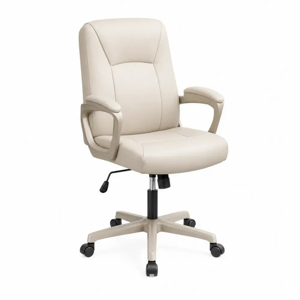 Bürostuhl höhenverstellbar drehbar mit Armlehnen PU Kunstleder gepolstert Cremeweiß Beige Schwarz 63 x 68 x 104-114 cm