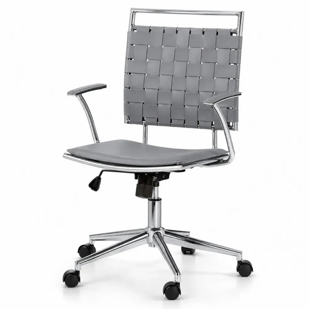 Bürostuhl Drehstuhl höhenverstellbar mit Armlehnen 58 x 60 x 82-94 cm PU Kunstleder verchromter Stahl Gurtgeflecht grau silberfarben schwarz