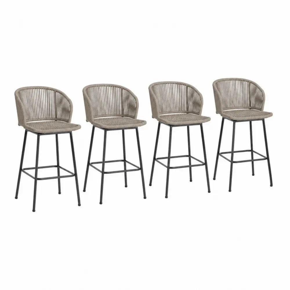 Barhocker 4er Set mit halbrunder Rückenlehne Polyethylen Seilgeflecht Stahlgestell Taupe Schwarz 52 x 53 x 101 cm